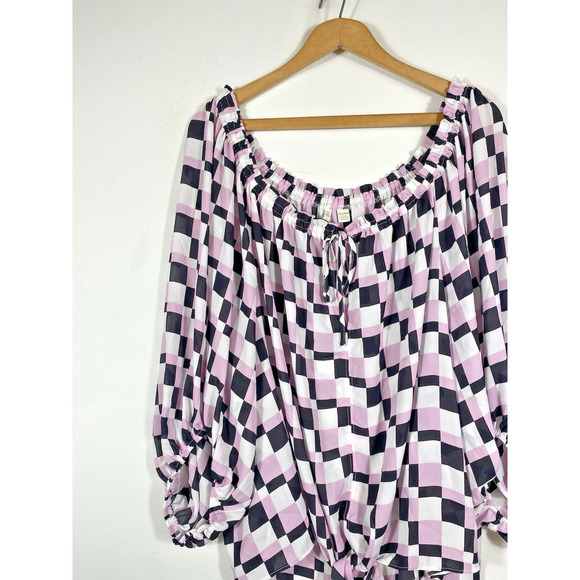 Cato 26/28W Blouse Top Shirt Check Print Chiffon Tie Front Purple Black White - Picture 3 of 11